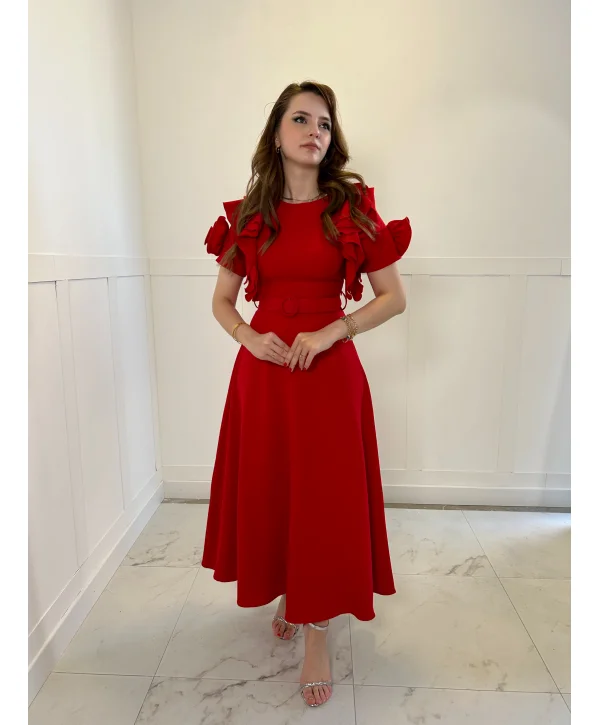 Fırfır Gül Kol Detaylı Kırmızı Maxi Boy Elbise