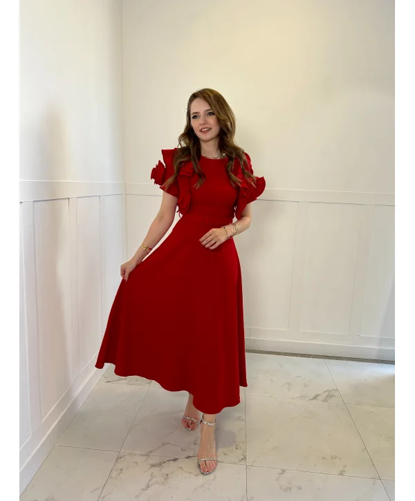 Fırfır Gül Kol Detaylı Kırmızı Maxi Boy Elbise