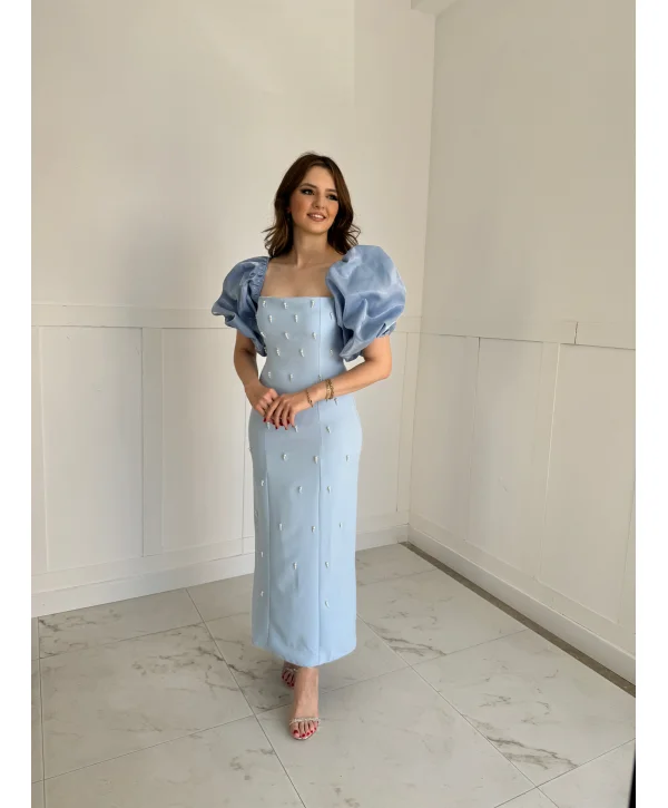 Kare Yaka Maxi Boy Taş Detaylı PERA Mavi Elbise