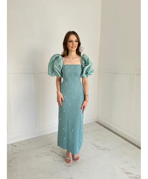 Kare Yaka Maxi Boy Taş Detaylı PERA Yeşil Elbise
