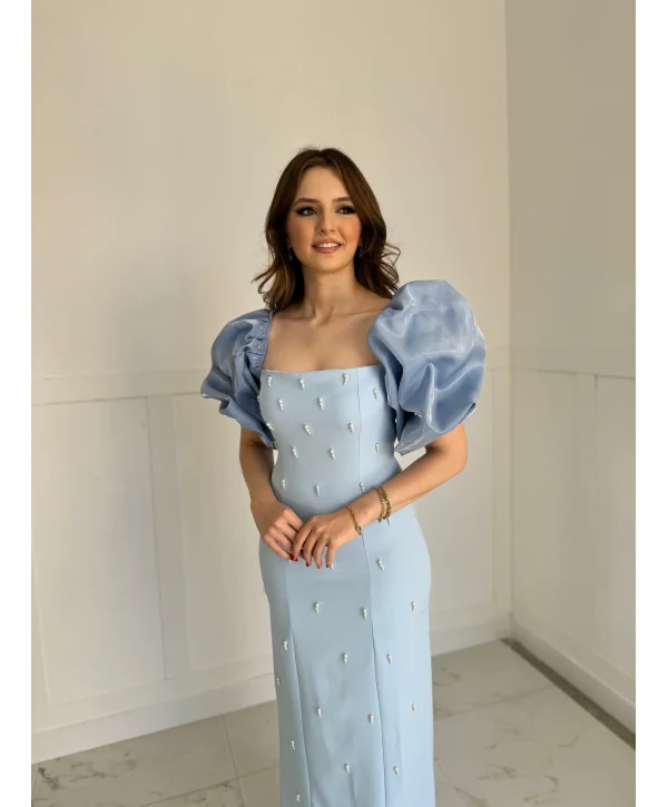 Kare Yaka Maxi Boy Taş Detaylı PERA Mavi Elbise