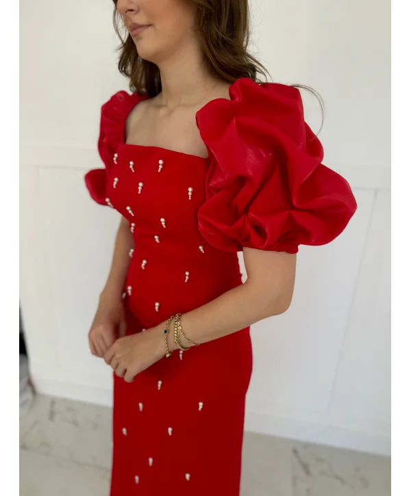 Kare Yaka Maxi Boy Taş Detaylı PERA Kırmızı Elbise