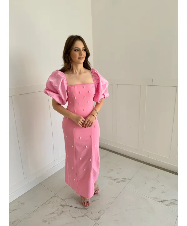 Kare Yaka Maxi Boy Taş Detaylı PERA Pembe Elbise