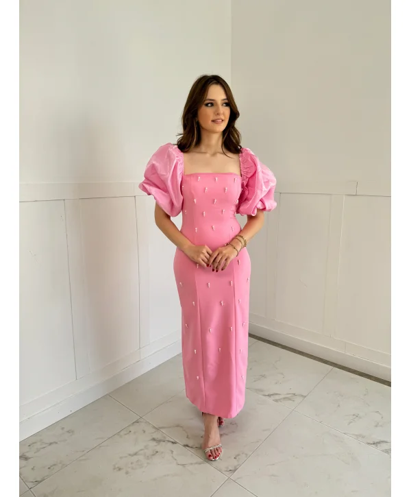 Kare Yaka Maxi Boy Taş Detaylı PERA Pembe Elbise