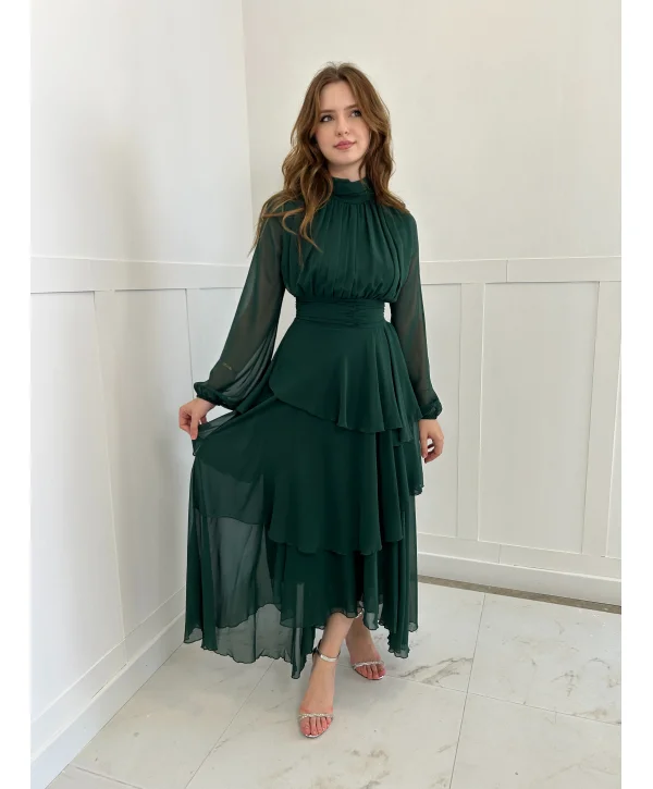 Kat Kat Şifon Zümrüt Elbise