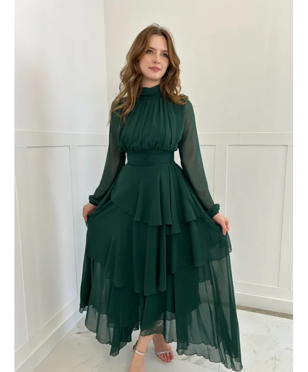 Kat Kat Şifon Zümrüt Elbise