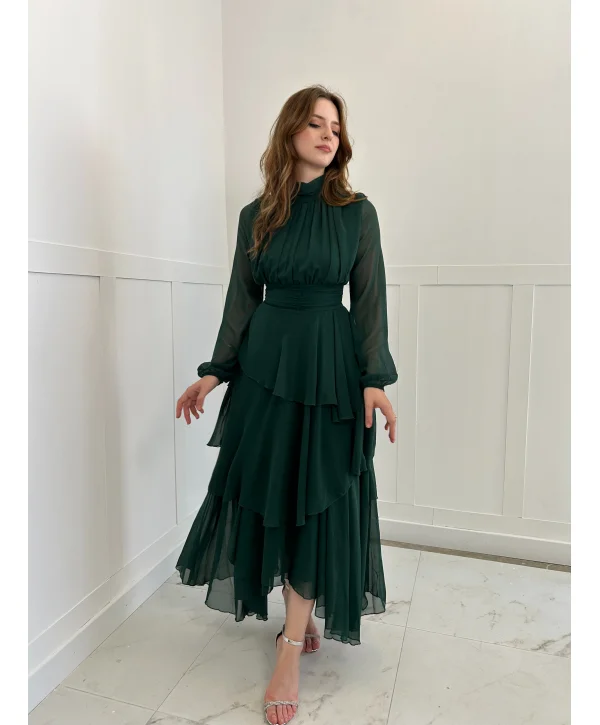 Kat Kat Şifon Zümrüt Elbise