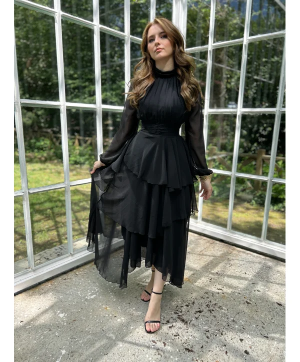 Kat Kat Siyah Şifon Elbise