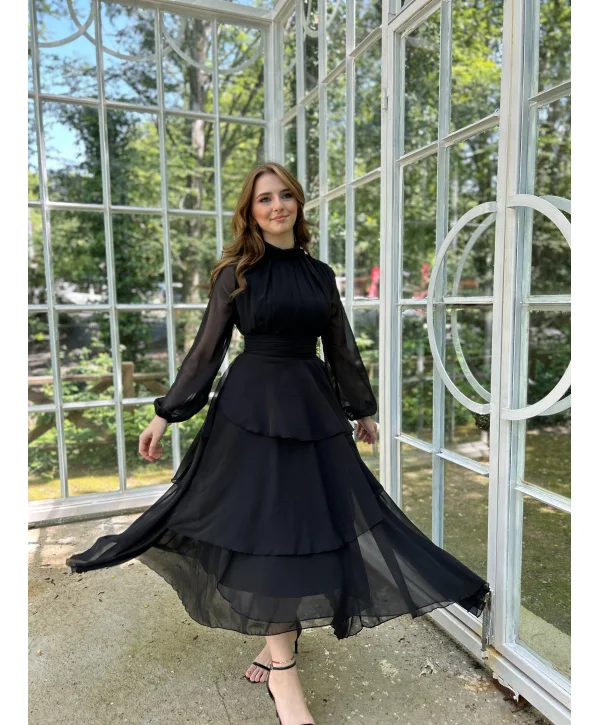 Kat Kat Siyah Şifon Elbise