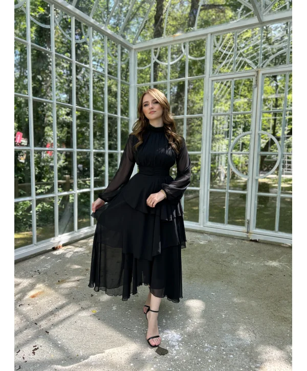 Kat Kat Siyah Şifon Elbise