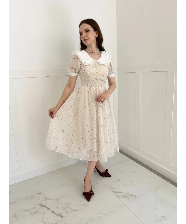 Krem Şifon Kumaş Kalp Desenli Bebe Yaka Elbise