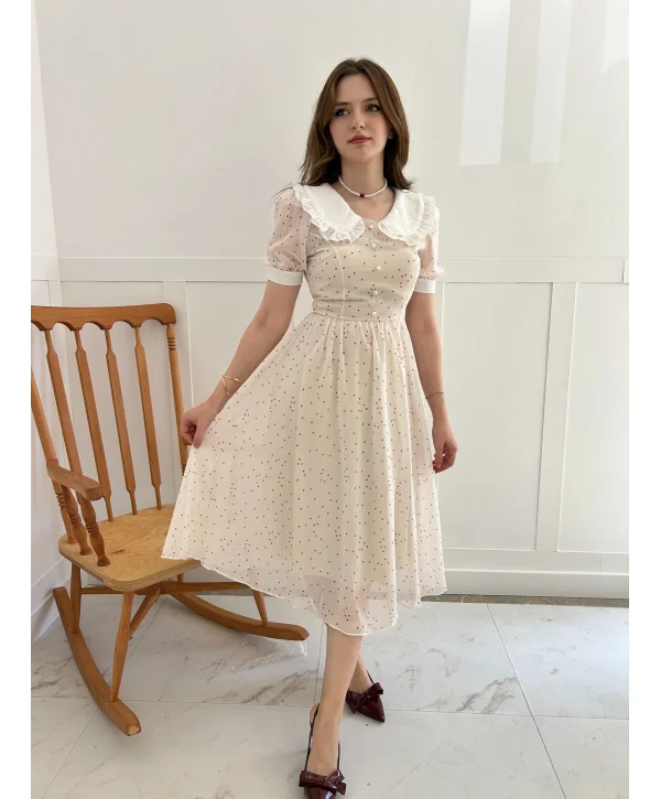 Krem Şifon Kumaş Kalp Desenli Bebe Yaka Elbise