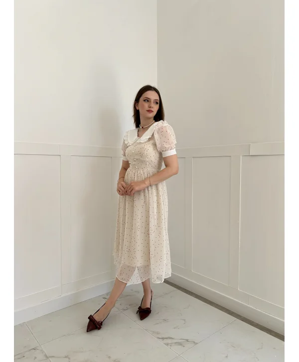 Krem Şifon Kumaş Kalp Desenli Bebe Yaka Elbise