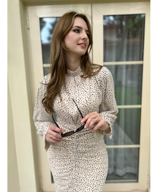 Bej Puantiye Detaylı Şifon Elbise