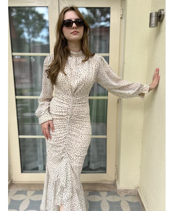 Bej Puantiye Detaylı Şifon Elbise
