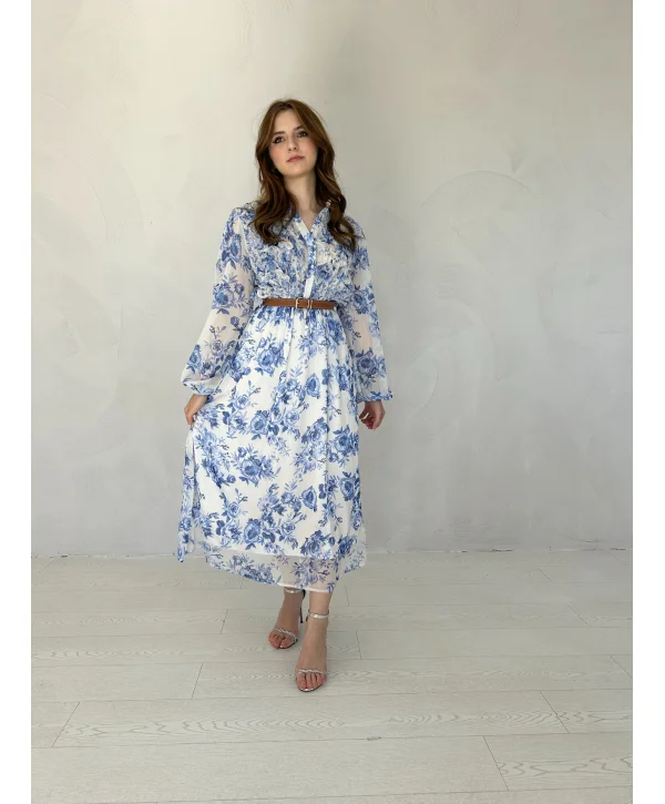 Mavi Çiçekli Kemerli Şifon Elbise