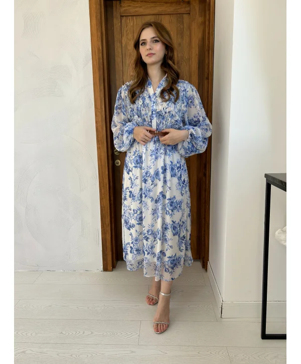 Mavi Çiçekli Kemerli Şifon Elbise