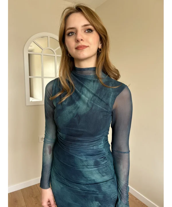 Mavi Dalgalı Tül Elbise