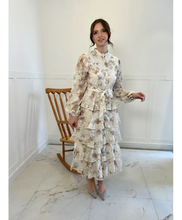 Nakış İşlemeli Vizon Kat Kat Volanlı Elbise