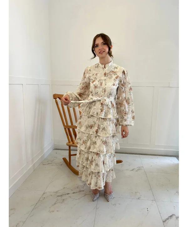 Nakış İşlemeli Vizon Kat Kat Volanlı Elbise