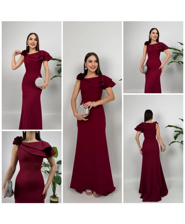Asimetrik Volan Detaylı Bordo Tek Omuzlu Abiye Elbise