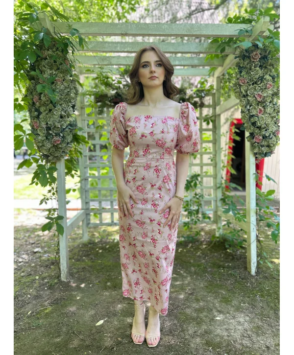 Pembe Çiçekli Kare Yaka Poplin Kumaş Elbise