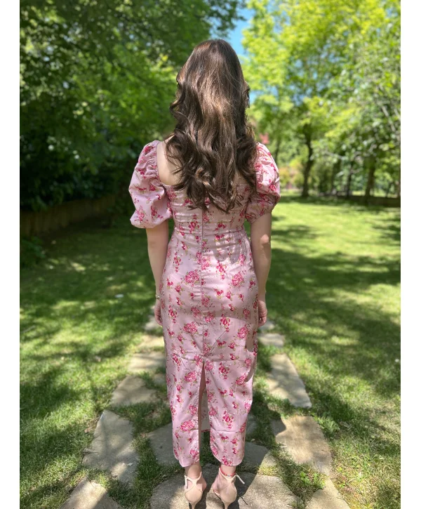 Pembe Çiçekli Kare Yaka Poplin Kumaş Elbise