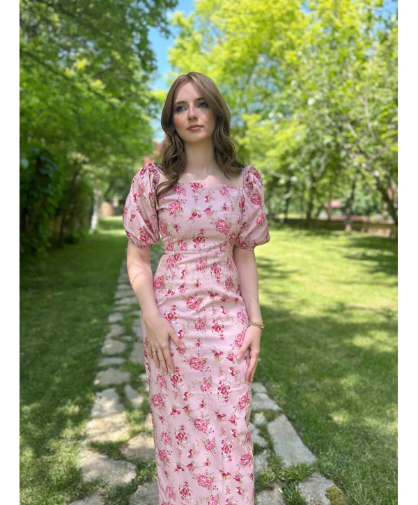 Pembe Çiçekli Kare Yaka Poplin Kumaş Elbise
