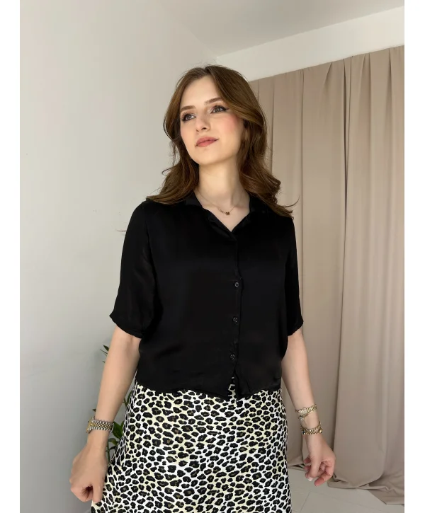 Saten Fakir Kol Siyah Gömlek