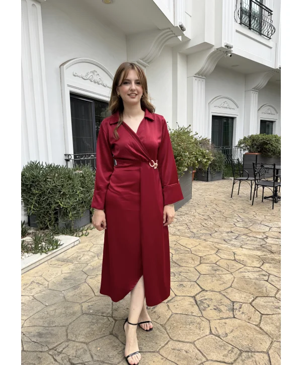 Saten Tam Boy Bel Detaylı Bordo Elbise
