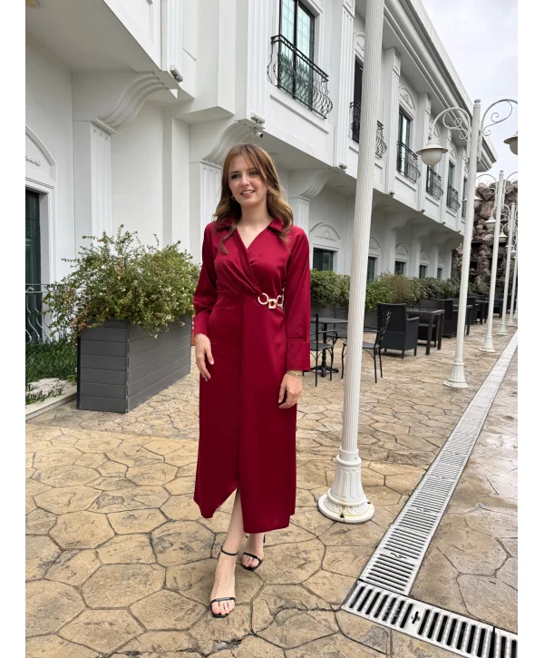 Saten Tam Boy Bel Detaylı Bordo Elbise