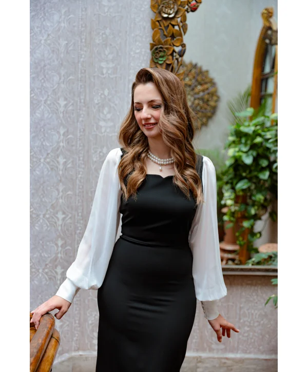 Şifon Kollu Atlas Kumaş Elegant Siyah Elbise