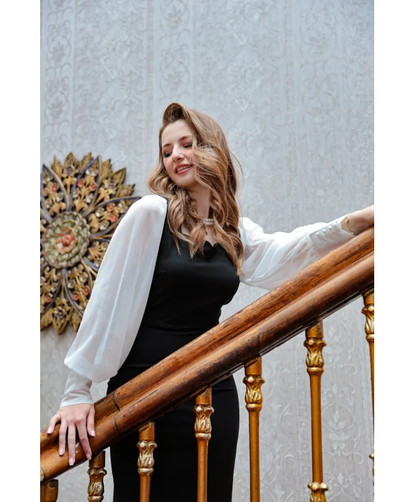 Şifon Kollu Atlas Kumaş Elegant Siyah Elbise