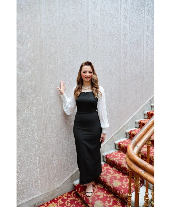 Şifon Kollu Atlas Kumaş Elegant Siyah Elbise