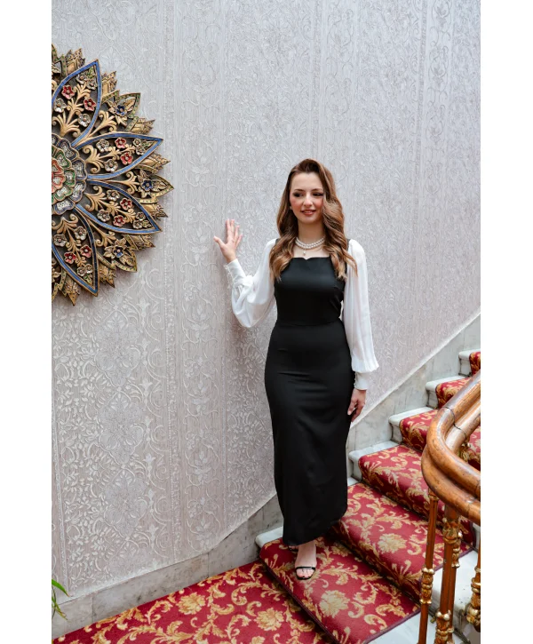 Şifon Kollu Atlas Kumaş Elegant Siyah Elbise