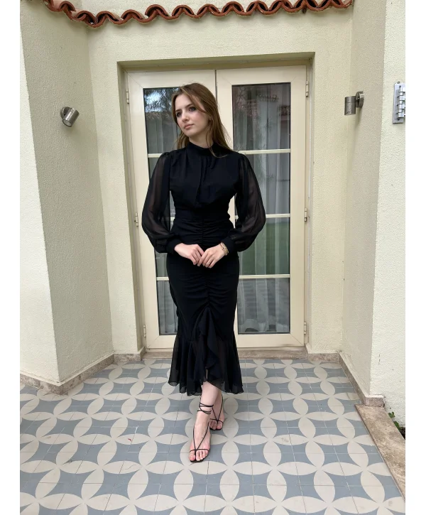 Alina Siyah Şifon Elbise