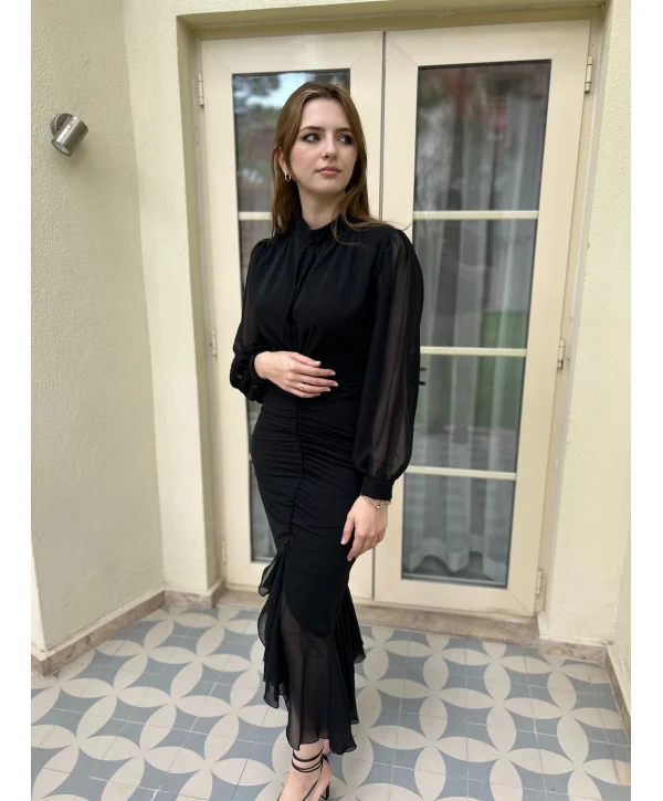 Alina Siyah Şifon Elbise