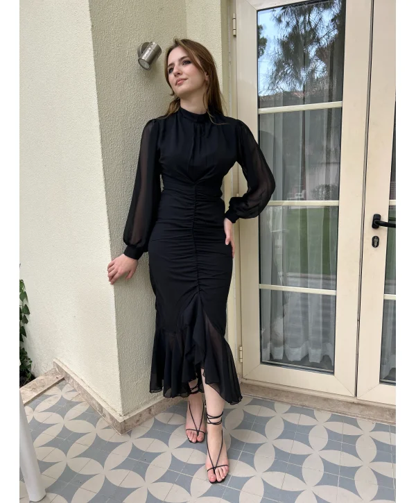 Alina Siyah Şifon Elbise