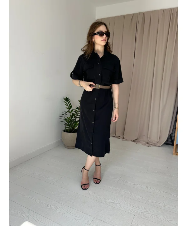 Siyah Kemerli Gömlek Elbise