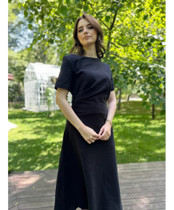 Siyah Keten Maxi Boy Elbise