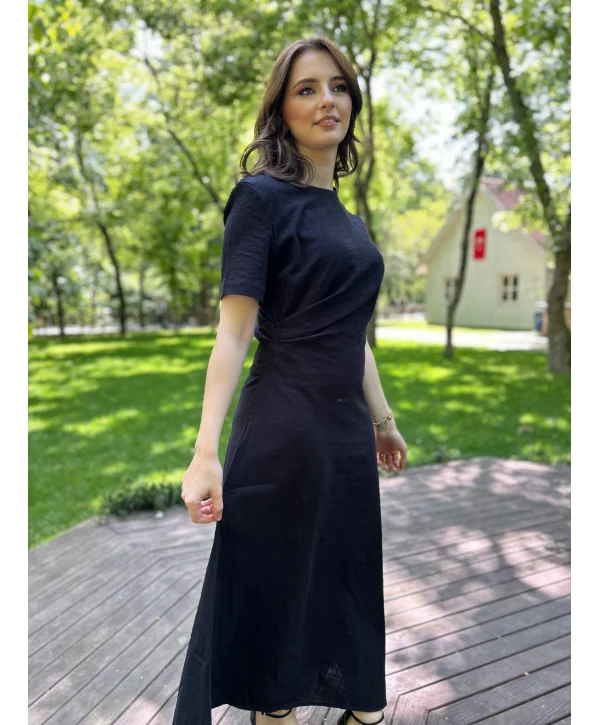 Siyah Keten Maxi Boy Elbise