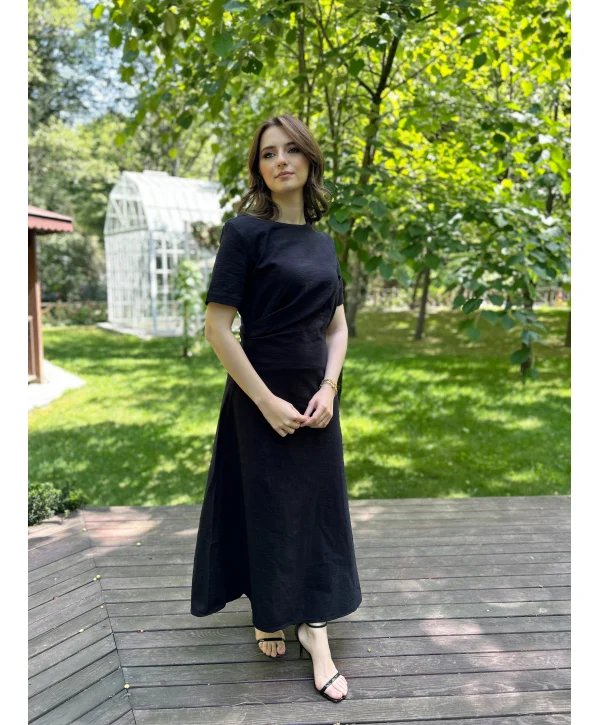 Siyah Keten Maxi Boy Elbise