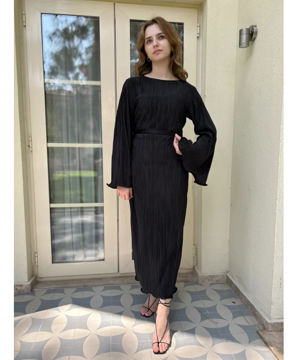 İspanyol Kol Tam Boy Piliseli Siyah Elbise