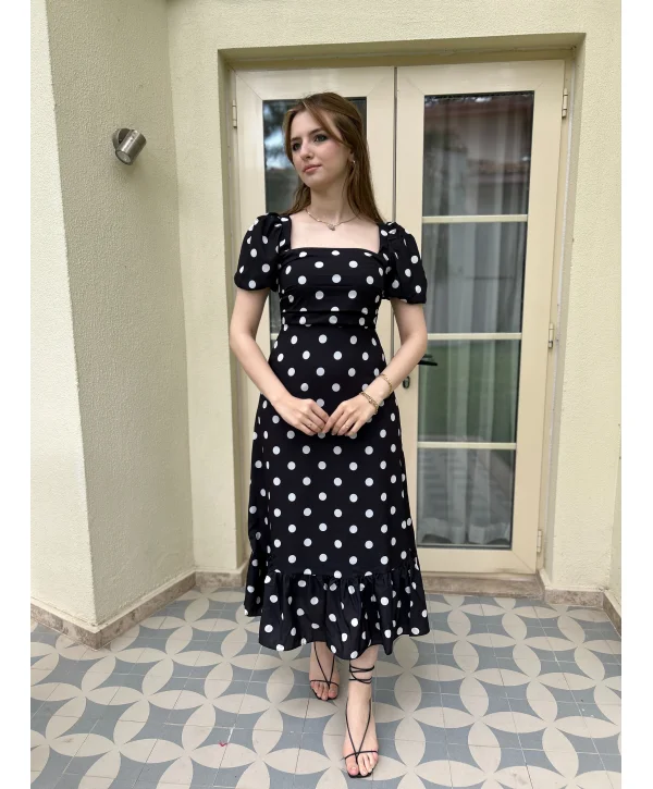 Siyah Renk Beyaz Puantiye Detaylı Vintage Elbise