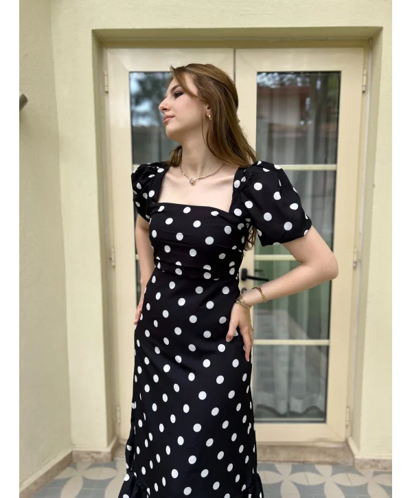 Siyah Renk Beyaz Puantiye Detaylı Vintage Elbise