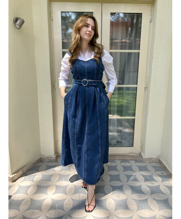 Kemer Tokalı Tam Boy Askılı Kot Elbise