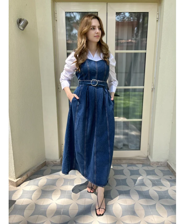 Kemer Tokalı Tam Boy Askılı Kot Elbise