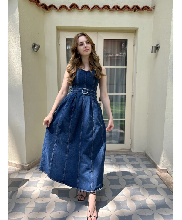 Kemer Tokalı Tam Boy Askılı Kot Elbise