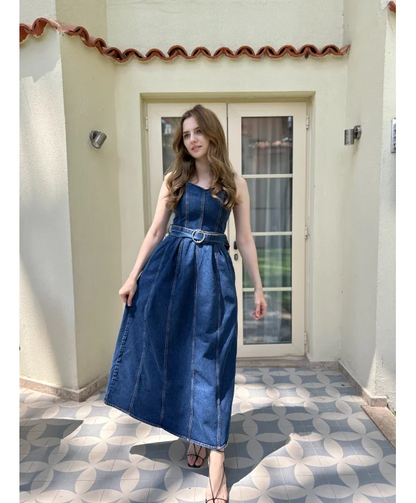 Kemer Tokalı Tam Boy Askılı Kot Elbise