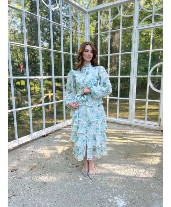 Yeşil Desenli Volanlı Elbise